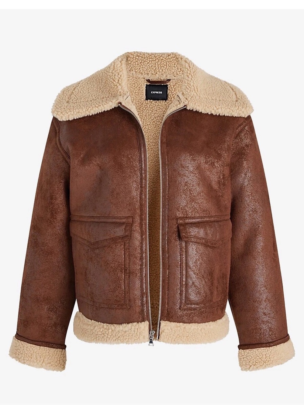 Express Brown Bomber Jacket with Cream Shearling Collar